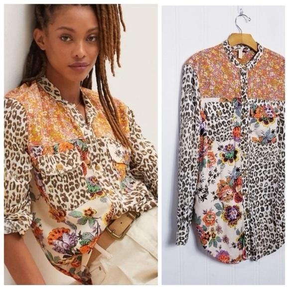 Anthropologie Multi pattern oversized tunic top. Neru neck, long sleeve shirt - Picture 9 of 9